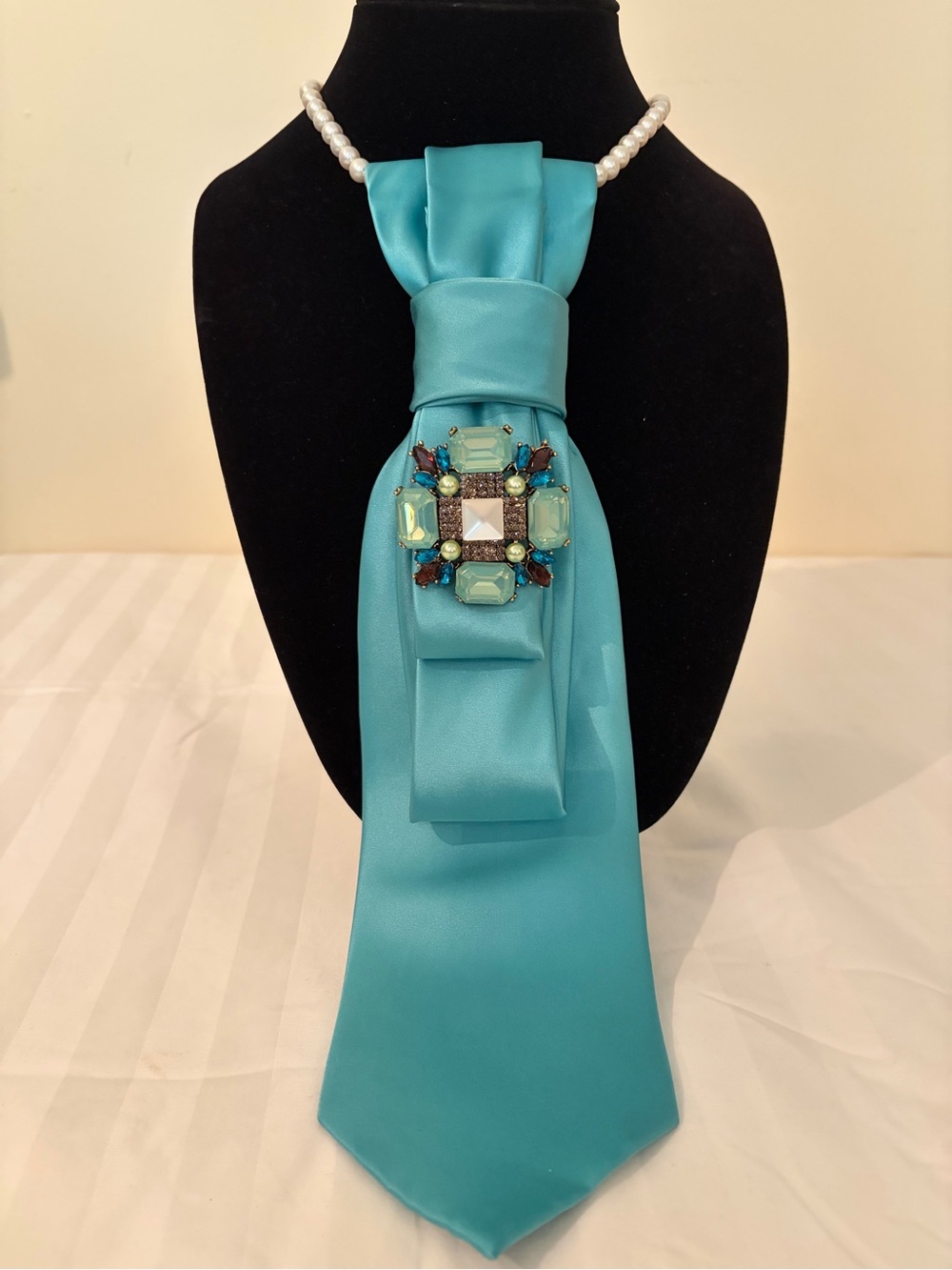 NICOLE MILLER 100% Silk Turquoise Satin Jeweled Scarf Tie